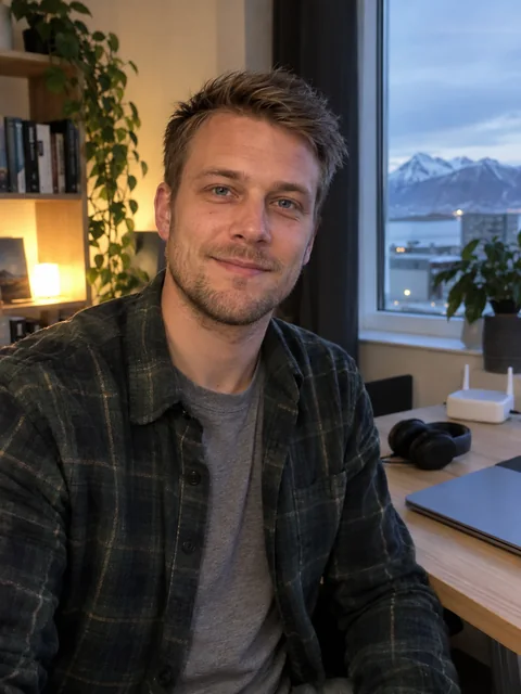 Ole Emil Olsen Hansen ved skrivebordet hjemme i Bodø